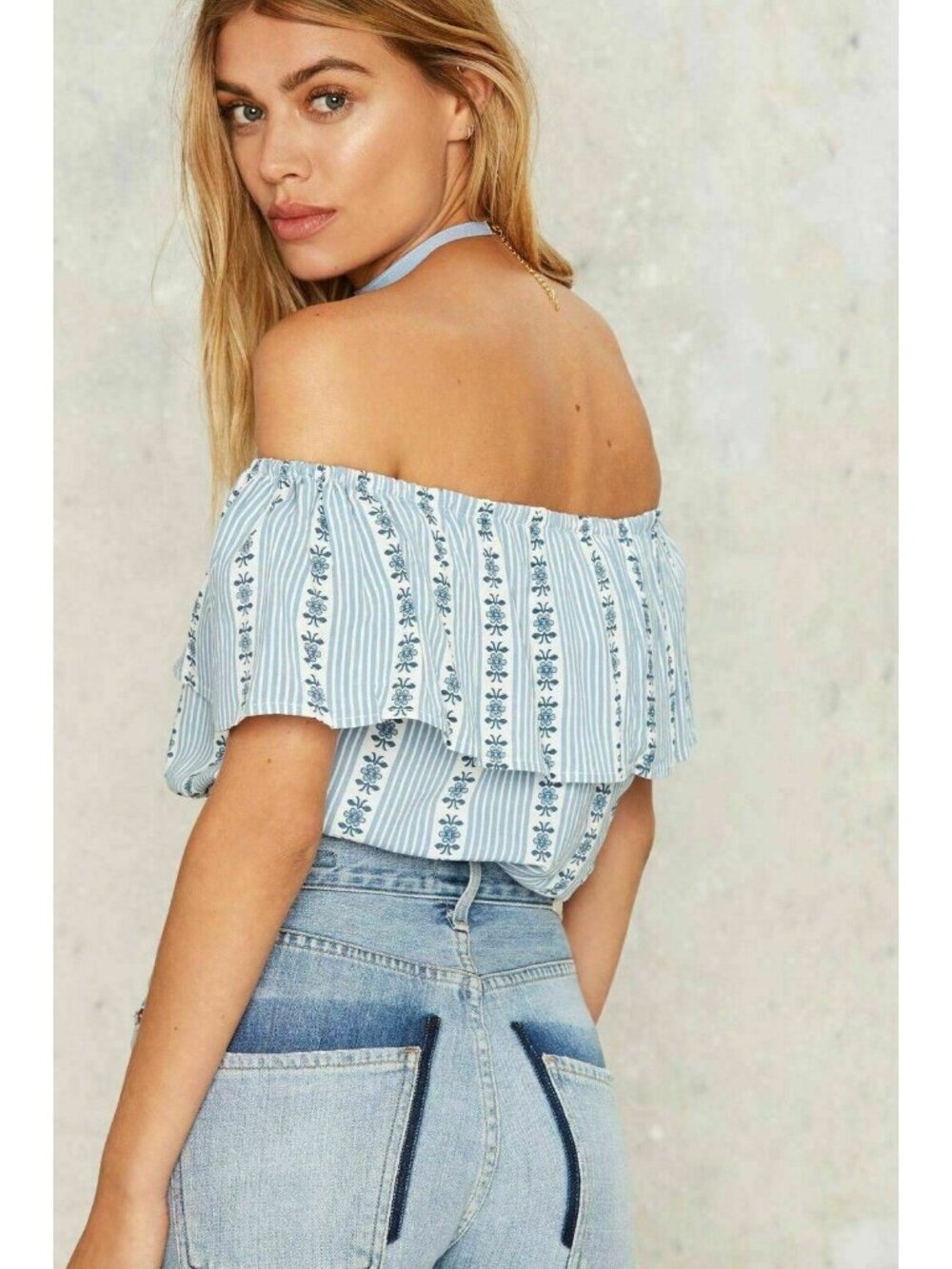 Nasty Gal Motel Harriet Off Shoulder Crop Top Blue Floral Stripe XS Boho - Picture 9 of 13